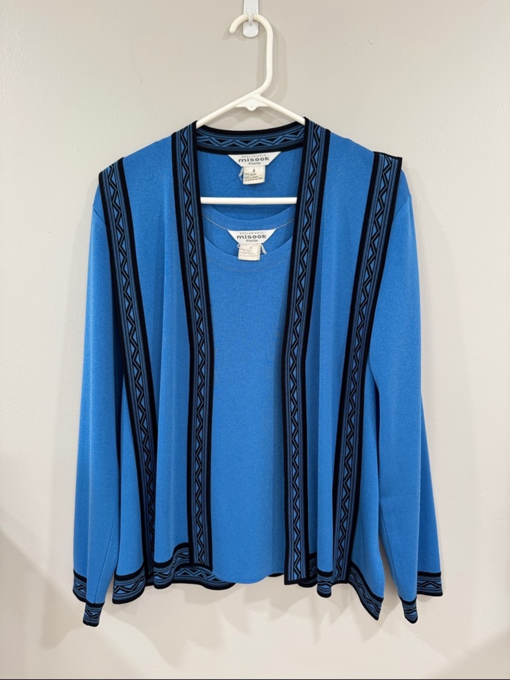 Misook Blue and black trim Open-Front Cardigan with top bundle workwear